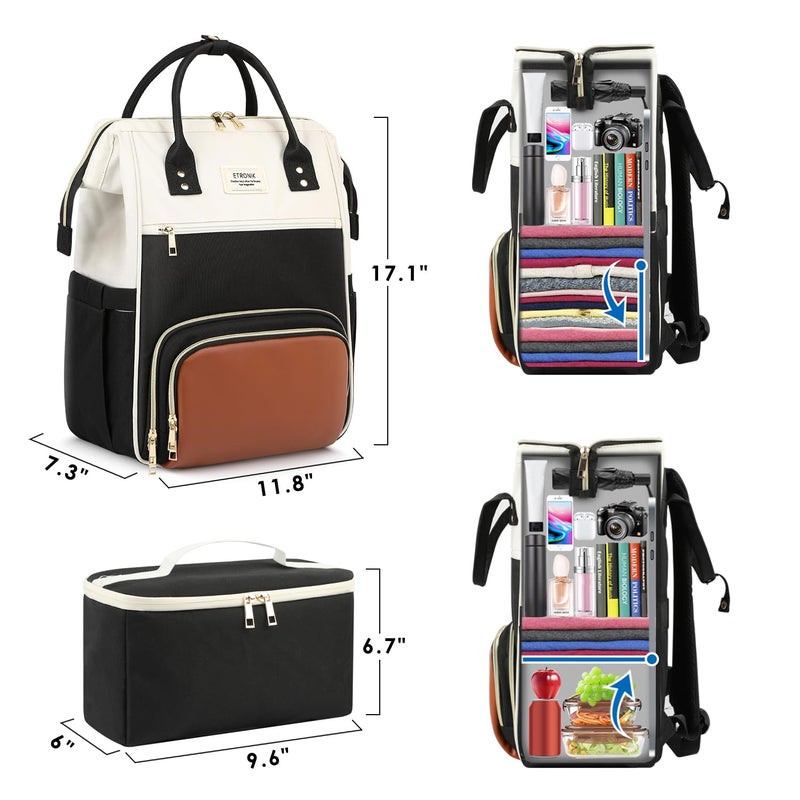ETRONIK Lunch Backpack  17.3 Inch Laptop Backpack with USB Port  Stylish Nurse  Teacher Work Bag with Insulated Cooler Lunch Box for Women Men/Travel  Black-Beige-Brown - Image 4